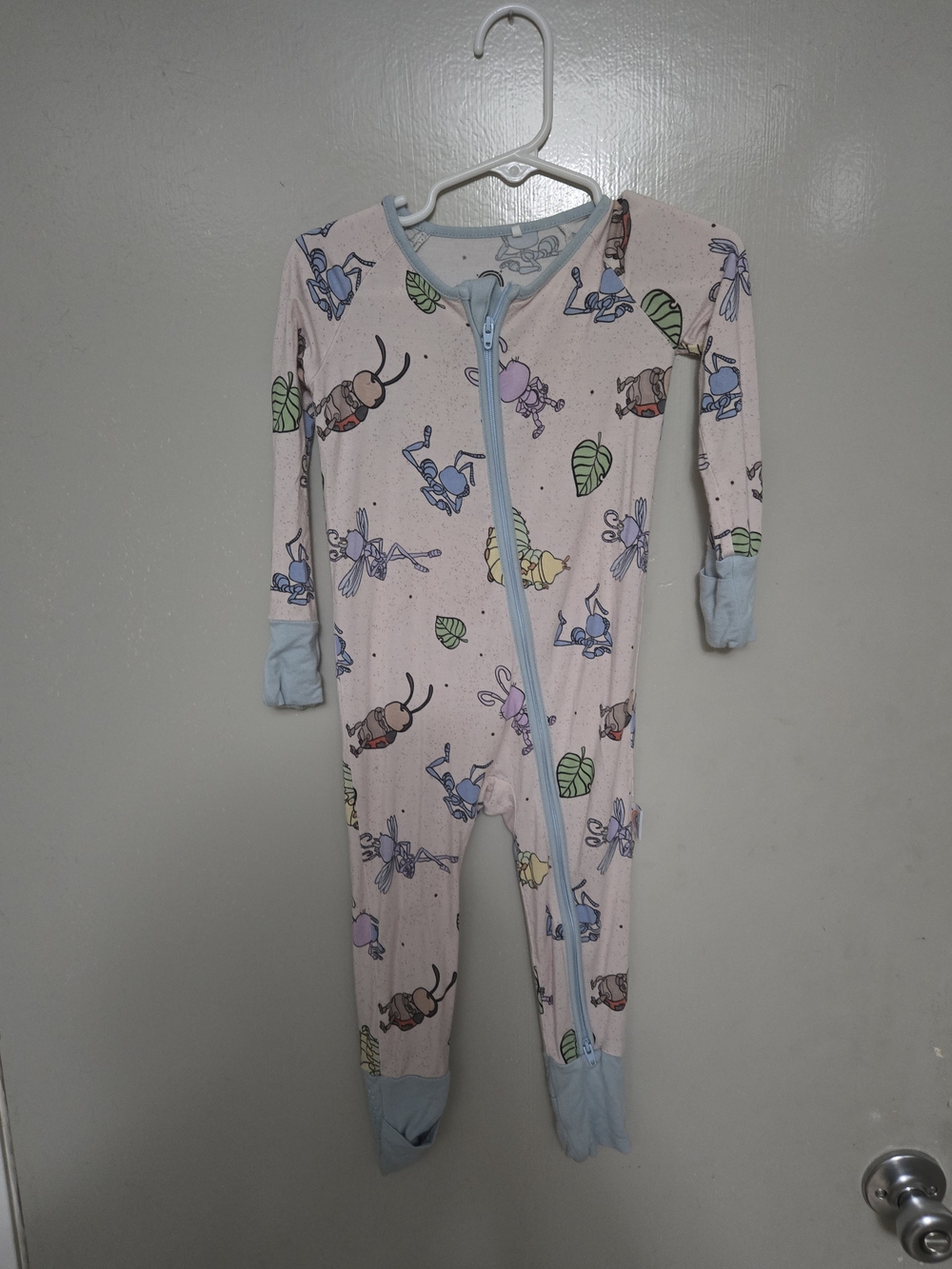 Light Pink Bug-Print Zippered Kids Footie Pajamas with Blue Trim